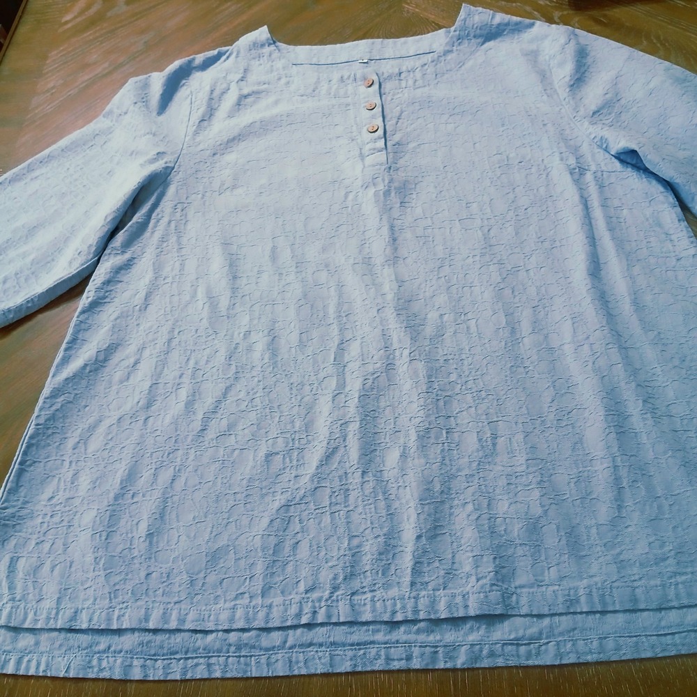 Pull Over Lady Shirt Cotton Linen Blend BlueShort Sleeve Tunic SzM Three Buttons